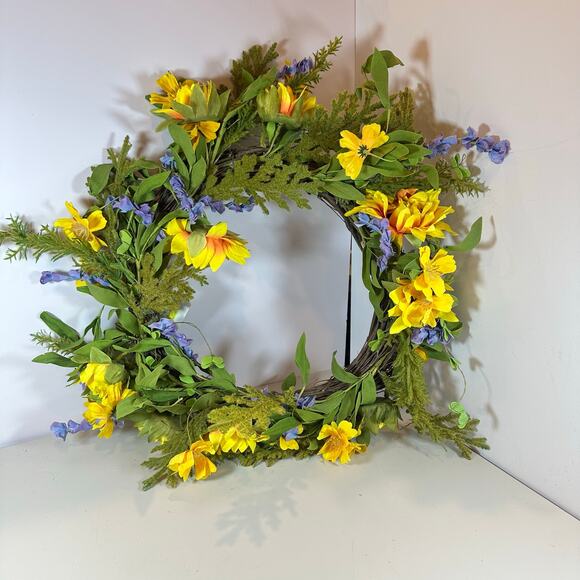 NWT Handmade Yellow Purple Floral Spring Wreath 16" Easter Bright Door - Picture 1 of 9